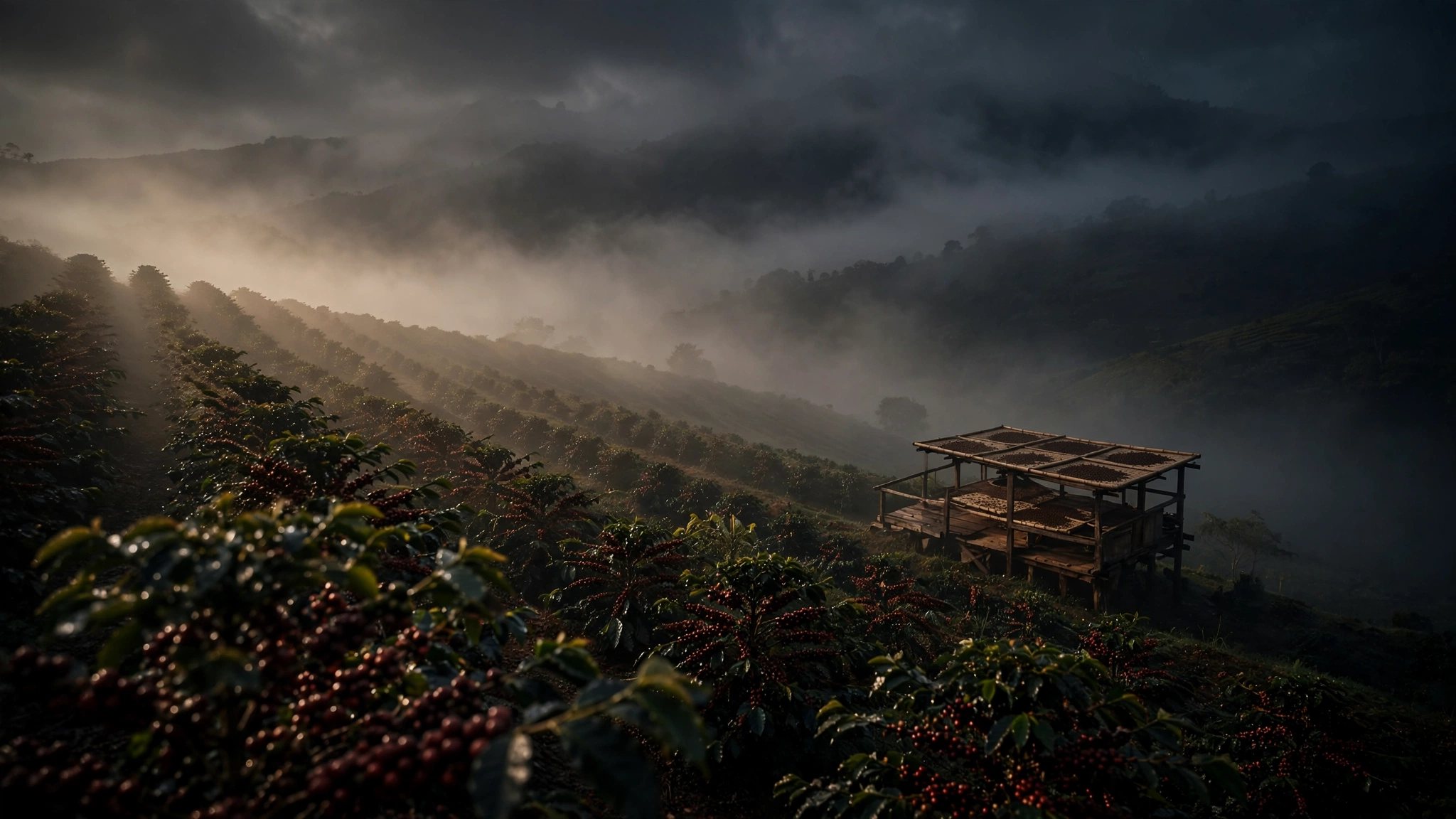 Kebun kopi berkabut saat fajar
